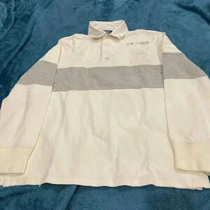 Polo Size M White‎ & Gray Cotton Blend Two Tone Polo Men's Long Sleeve Shirt